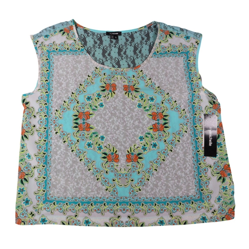 mymichelle Blouse XL Womens Aqua Blue Lace Back Scarf Print Sleeveless Top NEW